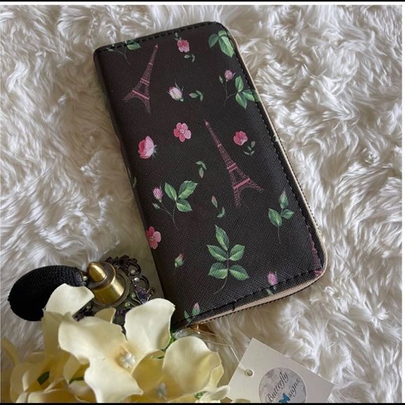 Butterfly Dsigns Handbags - Stylish Paris Vibe Faux Leather Zip Around Wallet with Many Pockets/Card Slots